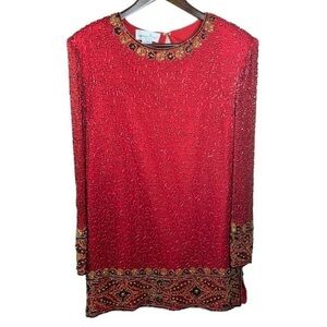 Lawrence Kazar Red Beaded Tunic Top Sz Medium 100% Silk Vintage Beaded Tunic Top